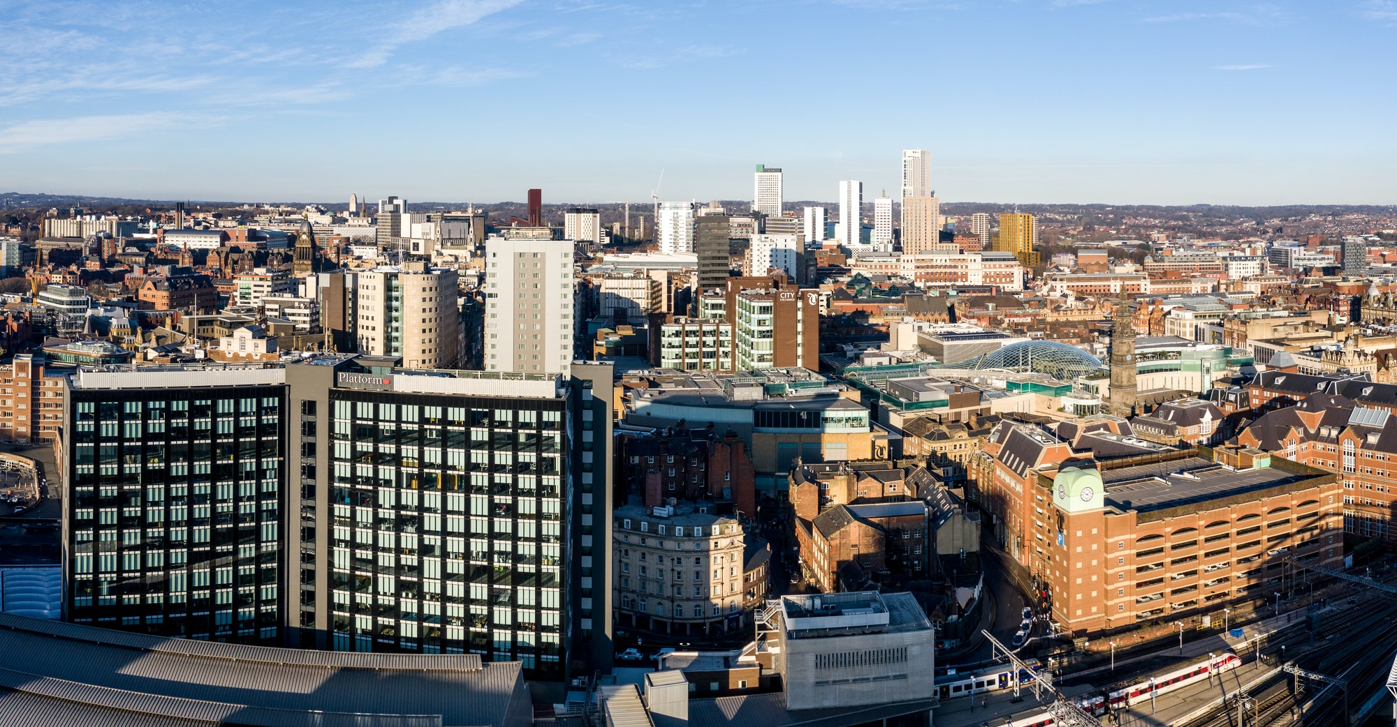 Aerial view of Leeds city centre in West Yorkshire with the platform hotel and financial district