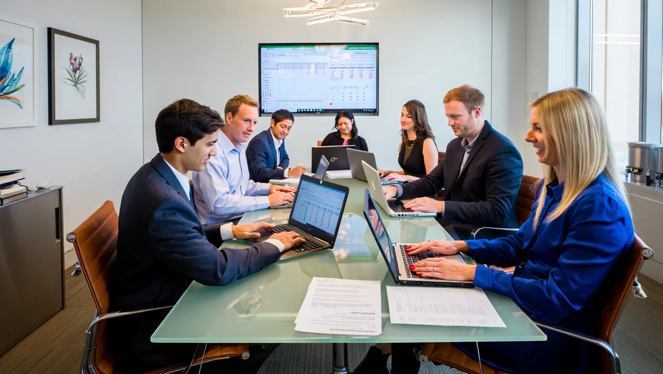 Advertising and marketing luxury property services team meeting with digital marketing strategies and analytics