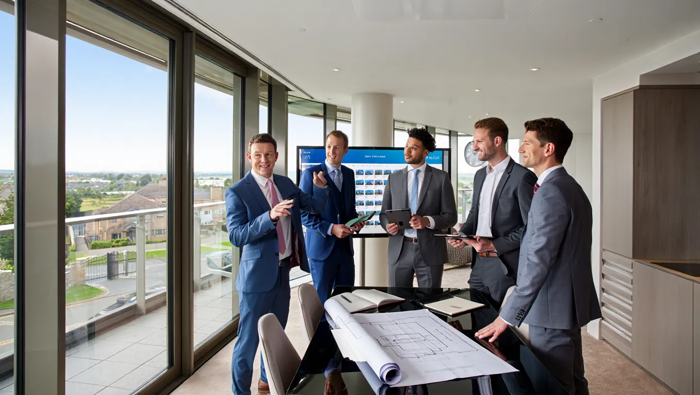 Buy-to-let property sourcing team reviewing Glasgow investment portfolios in modern office