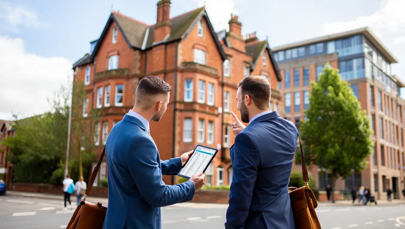 Commercial property sourcing experts with tablet analyzing Glasgow business district investments