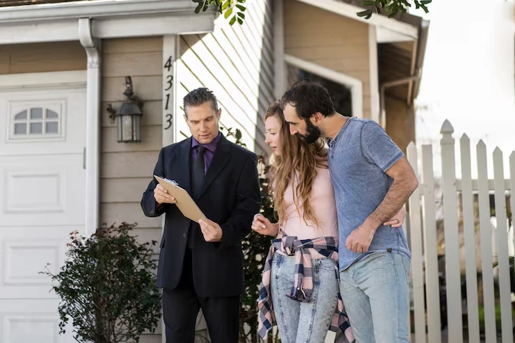 Property agent discussing corporate property sourcing options with young couple outside residential home
