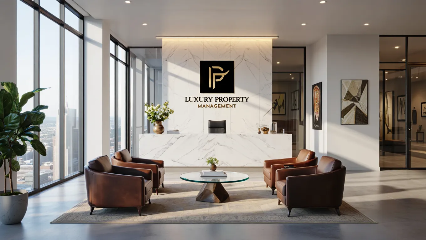 High-end property management services office with luxury furnishings and professional branding