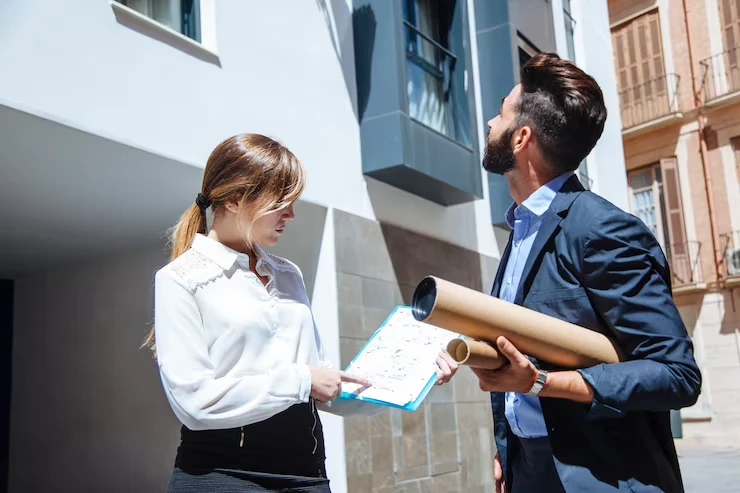 Professional property consultants reviewing acquisition documents and blueprints for home buying services