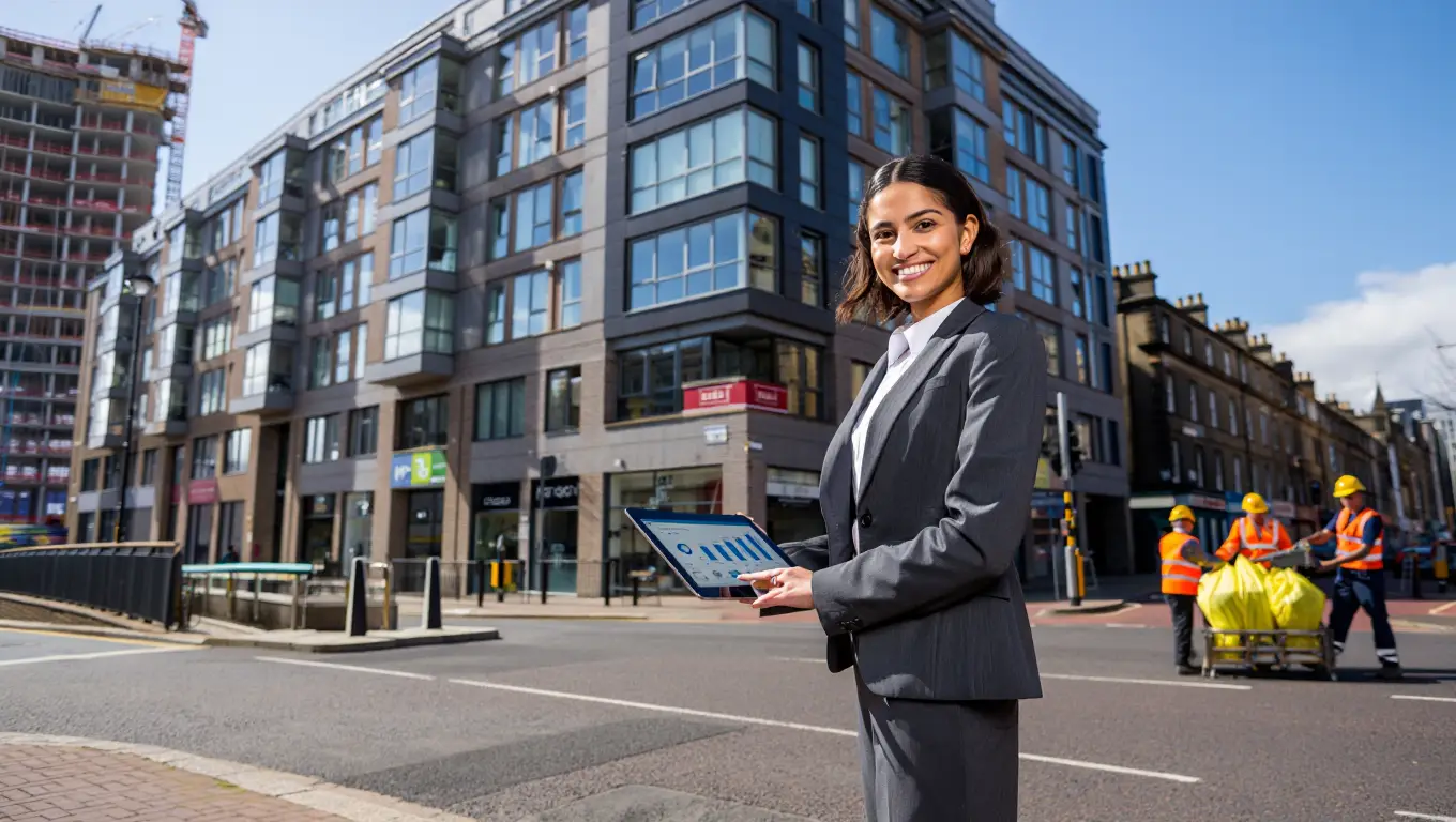 Professional property sourcing consultant with tablet analyzing Glasgow investment opportunities