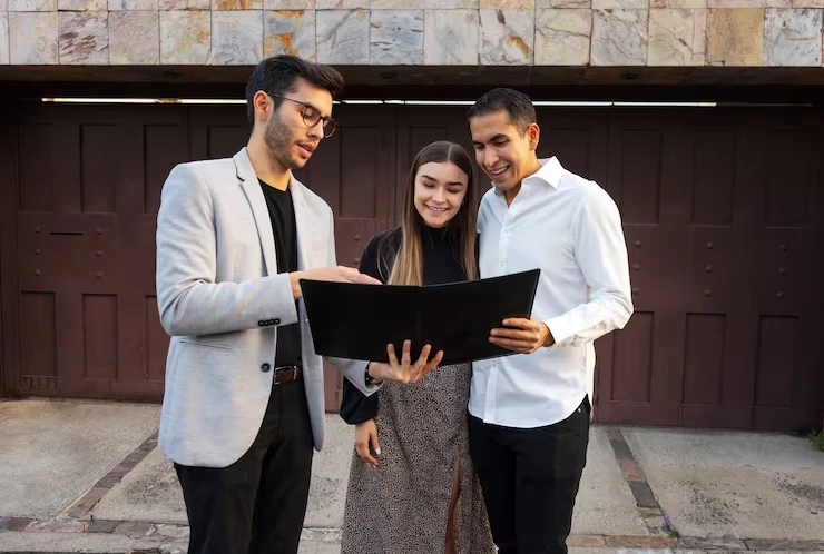 Property sourcing team helping first-time buyers review documents outside modern residential building