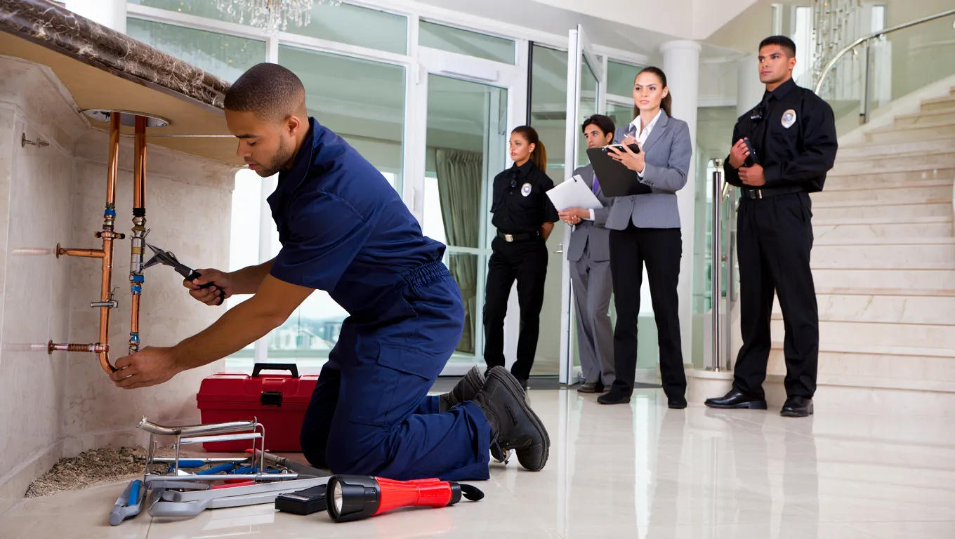Urgent response services with emergency plumbing repair and security coordination in luxury property