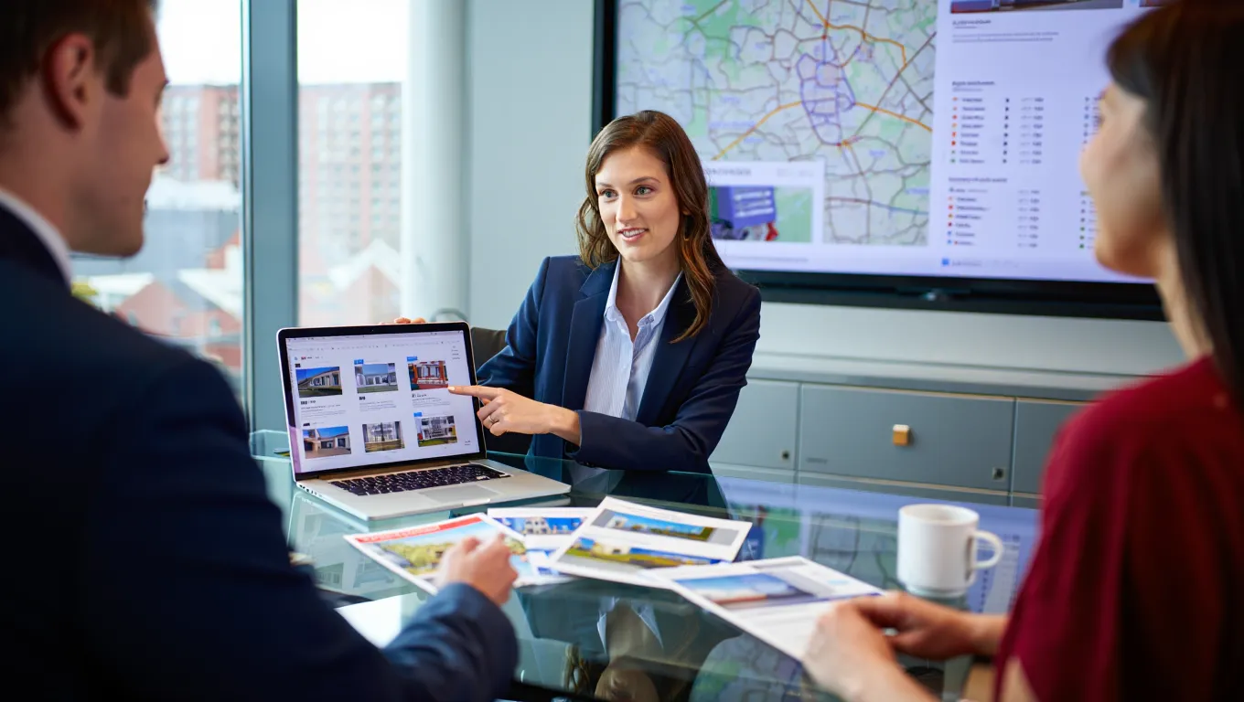 Property sourcing consultant presenting Glasgow real estate options to clients with digital portfolio