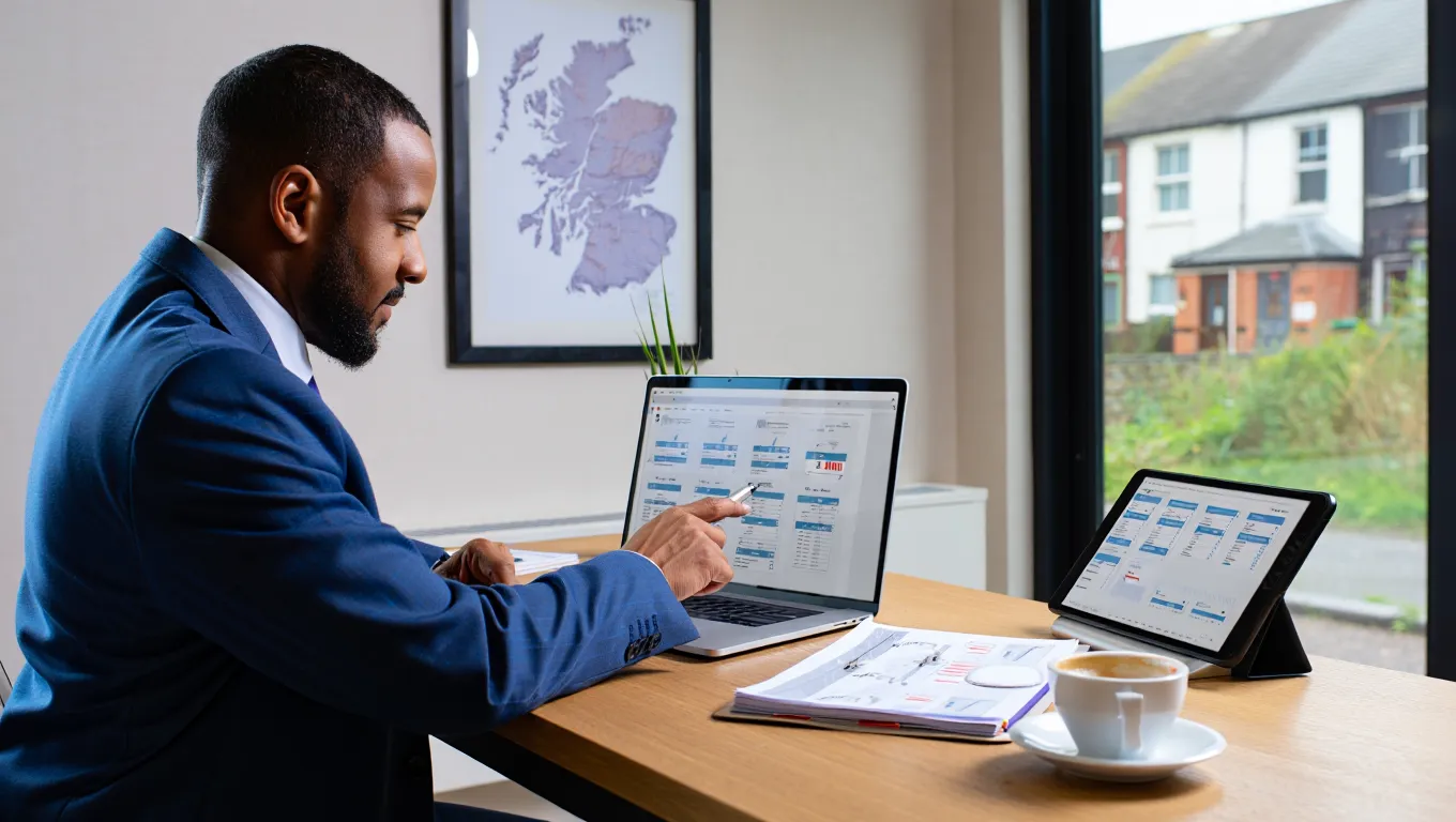 Property sourcing specialist analyzing off-market deals Scotland property investment data dashboard