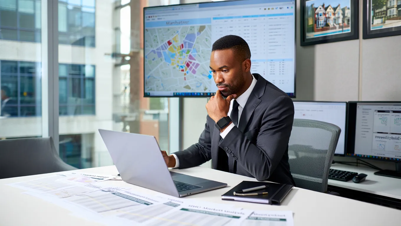 Property consultant analyzing HMO investment data on laptop with Manchester map display on multiple monitors