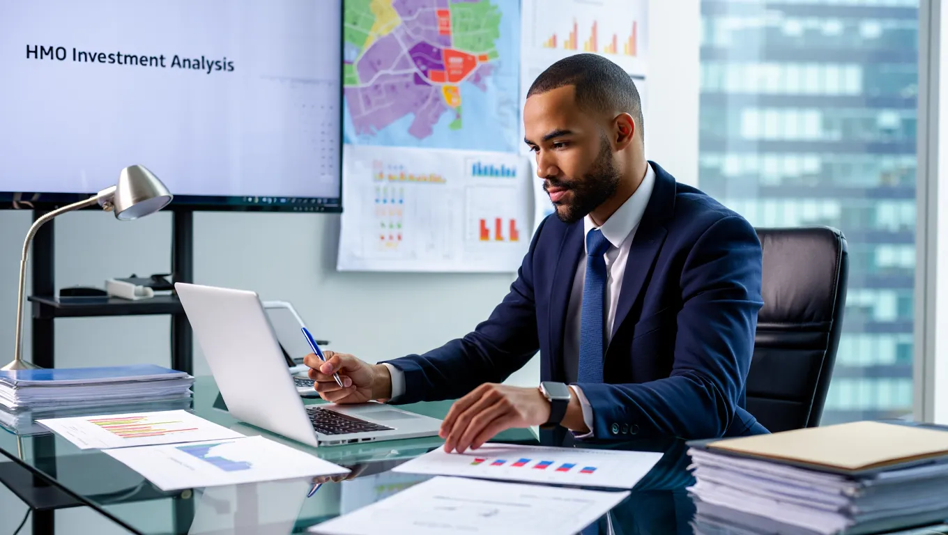 Property advisor analyzing investment reports and charts on laptop in modern Manchester office