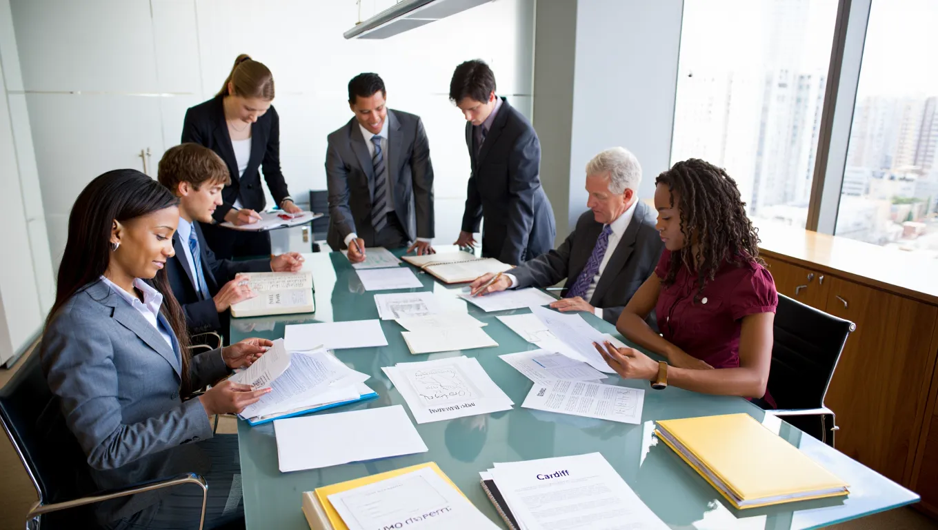 Legal compliance team reviewing property documents and contracts around glass conference table