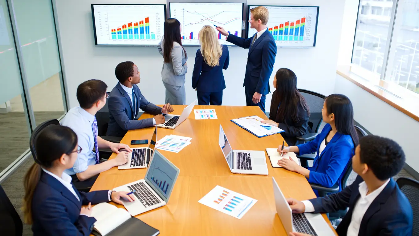 Business presenter explaining investment charts to team around conference table with laptops and reports