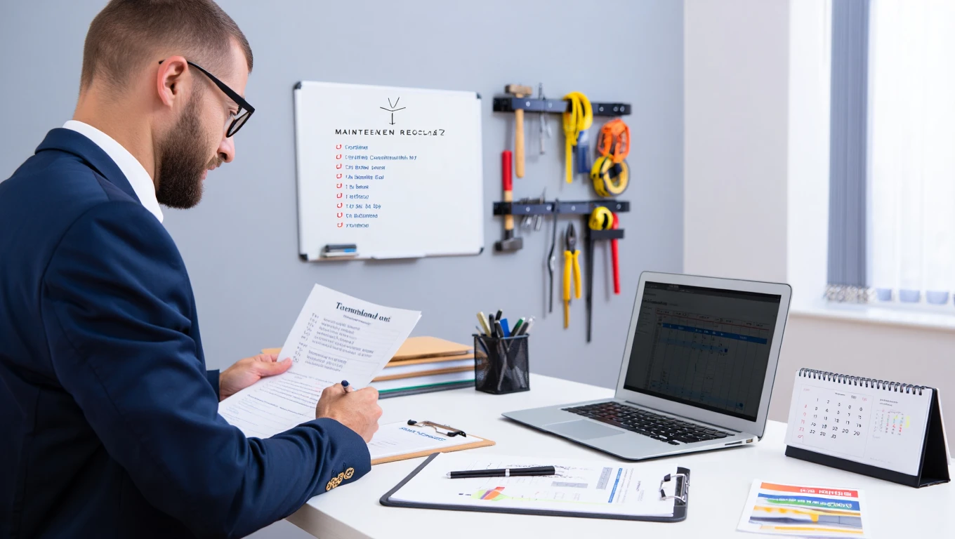 Property manager reviewing maintenance checklist with laptop and calendar in organized office workspace