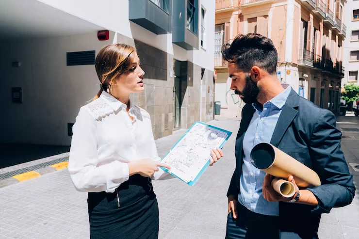 Property agents with blueprints and clipboard reviewing development site outside modern apartments