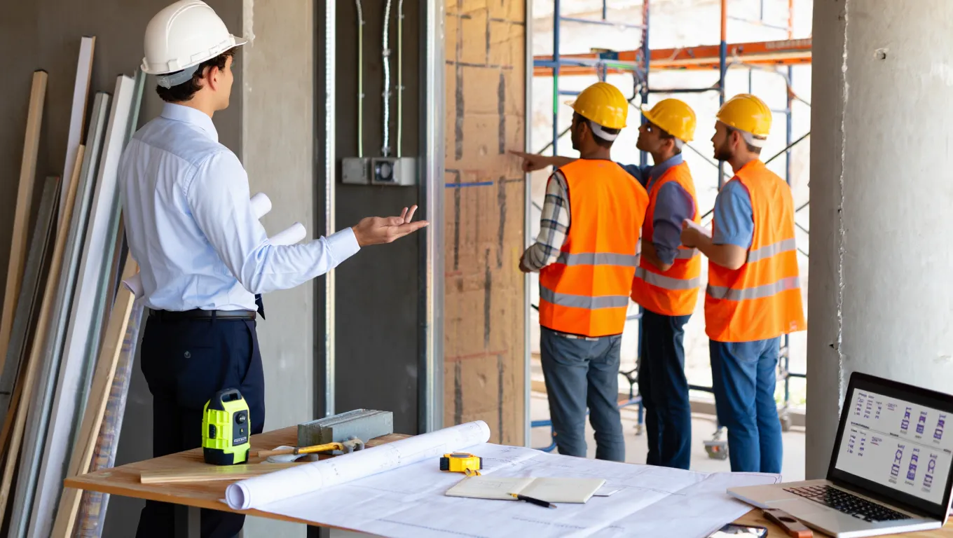 Property consultant directing construction workers on renovation project with blueprints and laptop