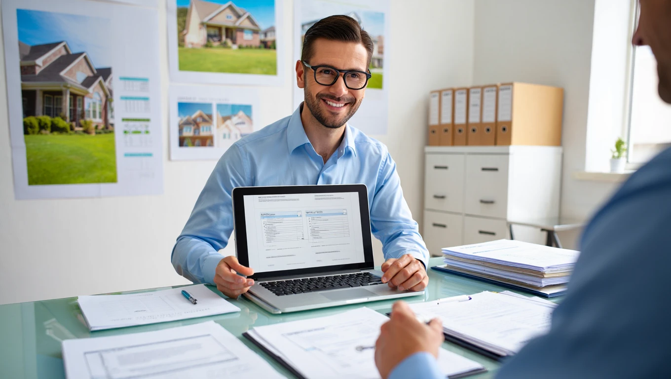 Property manager presenting tenant screening software to client with property photos and documents on desk