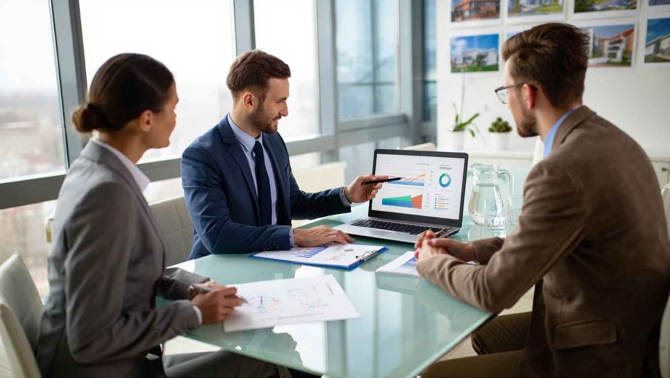 Property advisor pointing to laptop screen showing investment charts while consulting with two clients