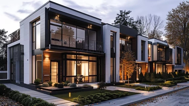 Modern HMO townhouses lit up at dusk