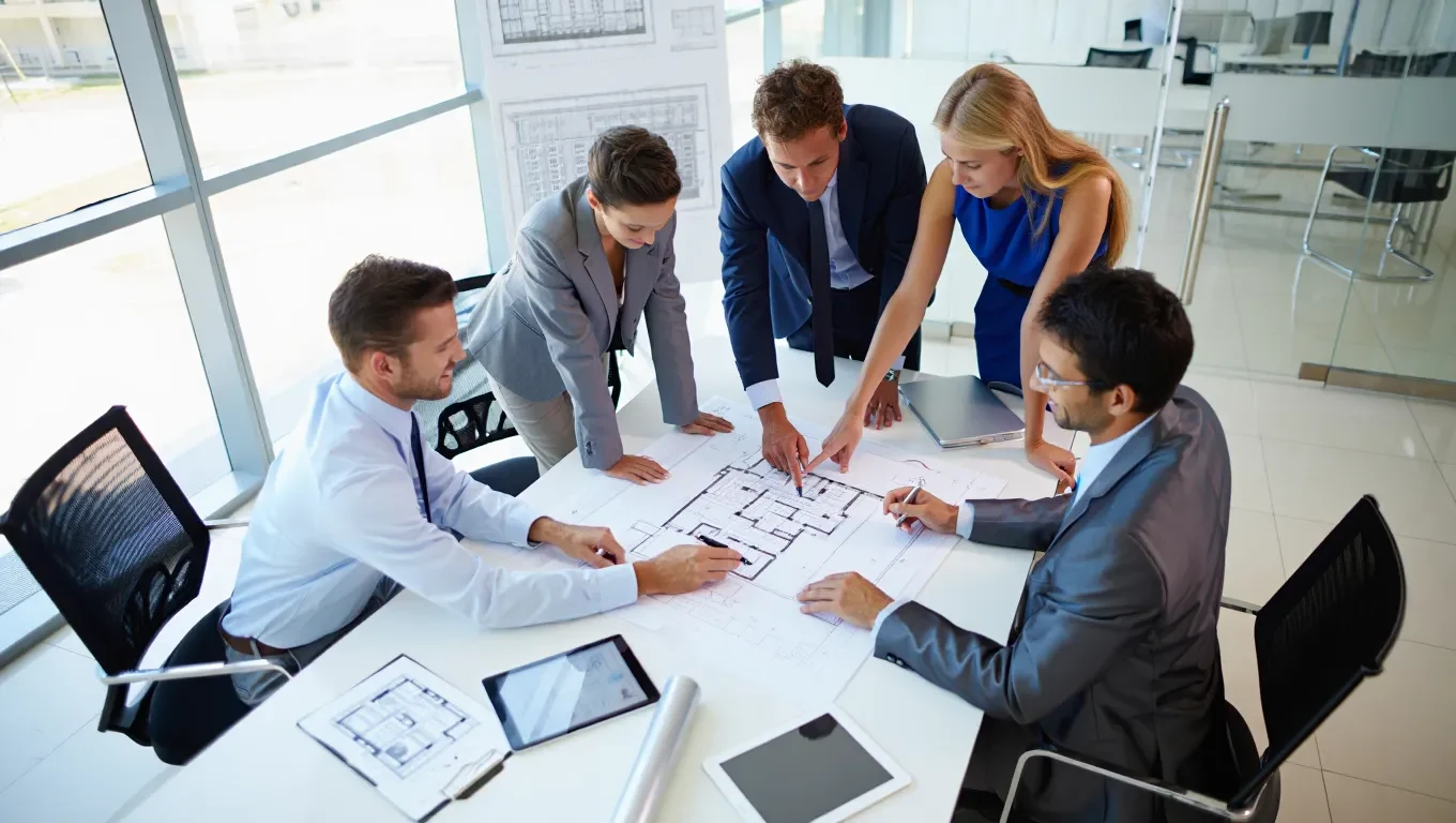 Professionals reviewing architectural floor plans