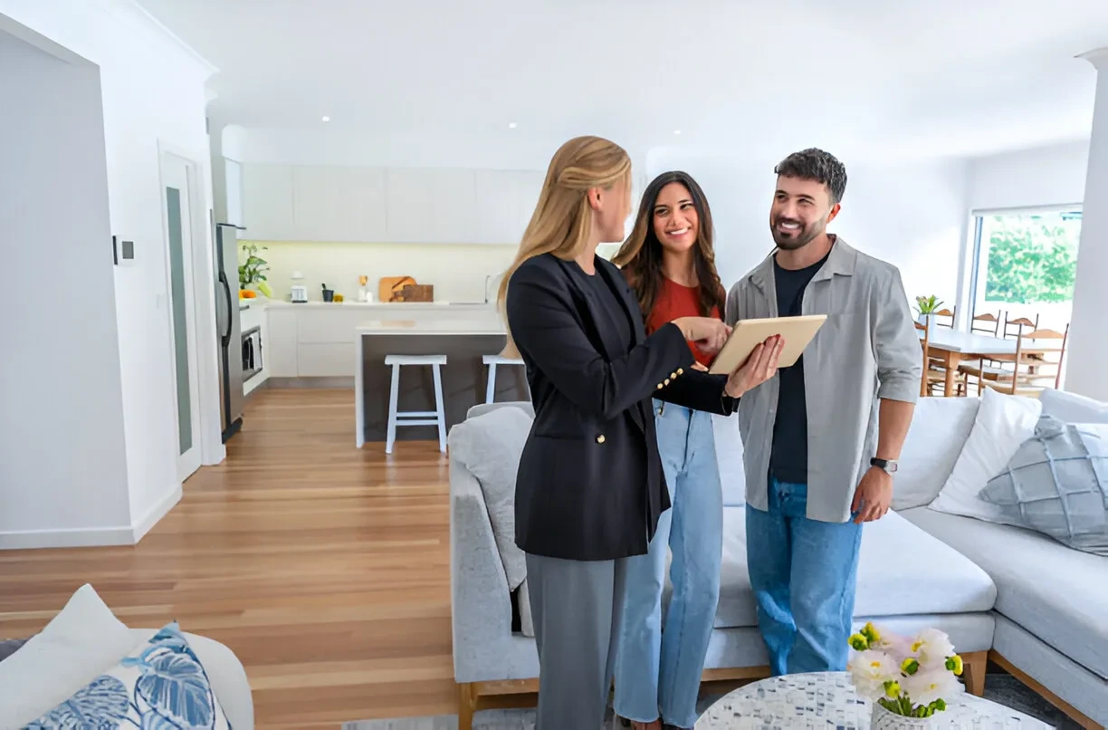 Agent showing tablet to couple inside modern home