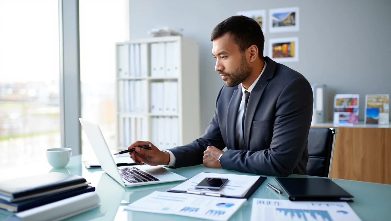 Advisor reviewing property purchase data on laptop