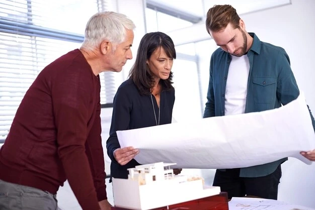 Team reviewing blueprints over a property model
