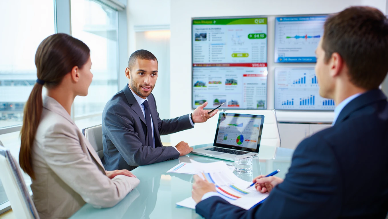 Advisor pointing to property data on laptop screen