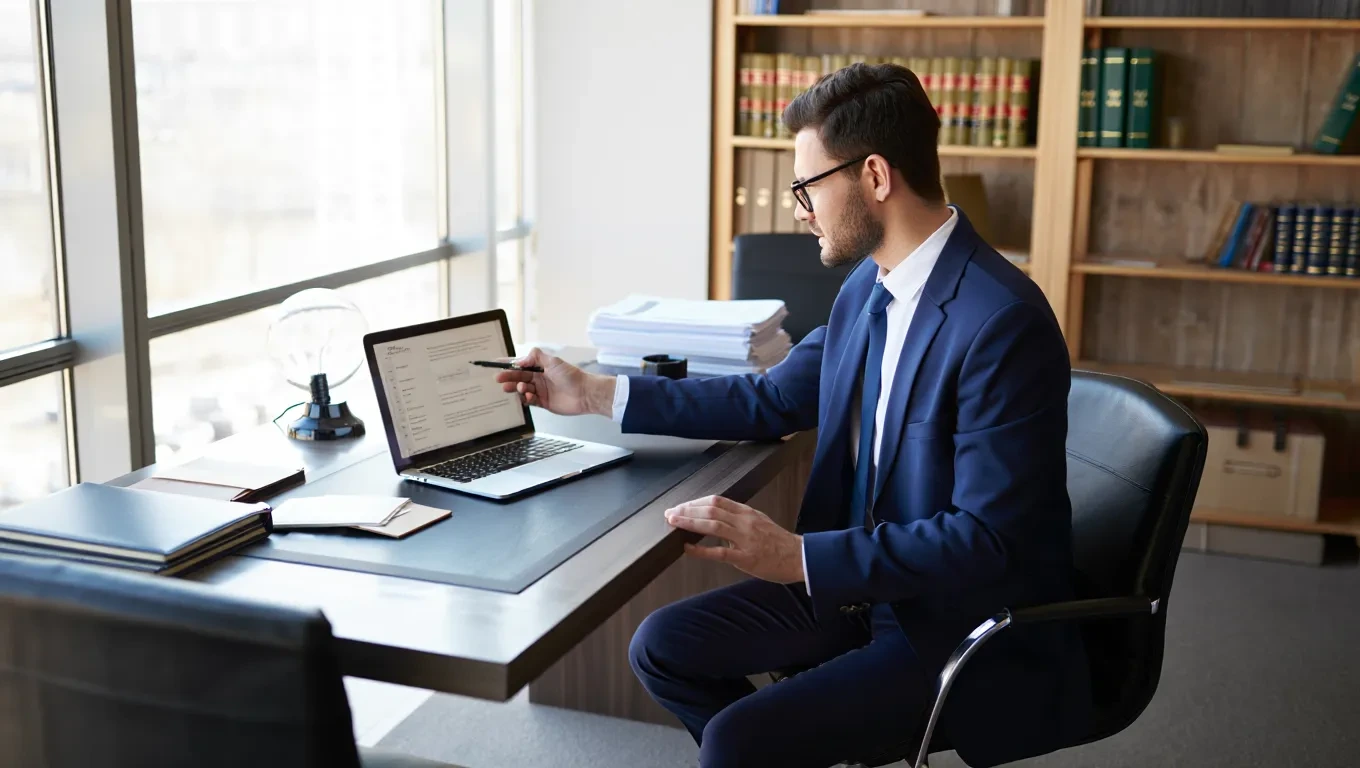 Advisor pointing at legislation data on a laptop