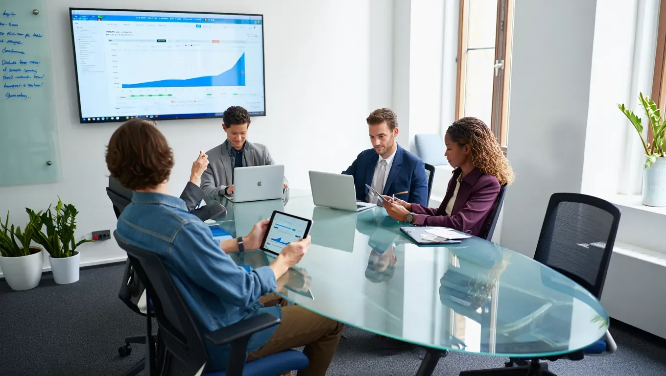 Professionals discussing property deals in office