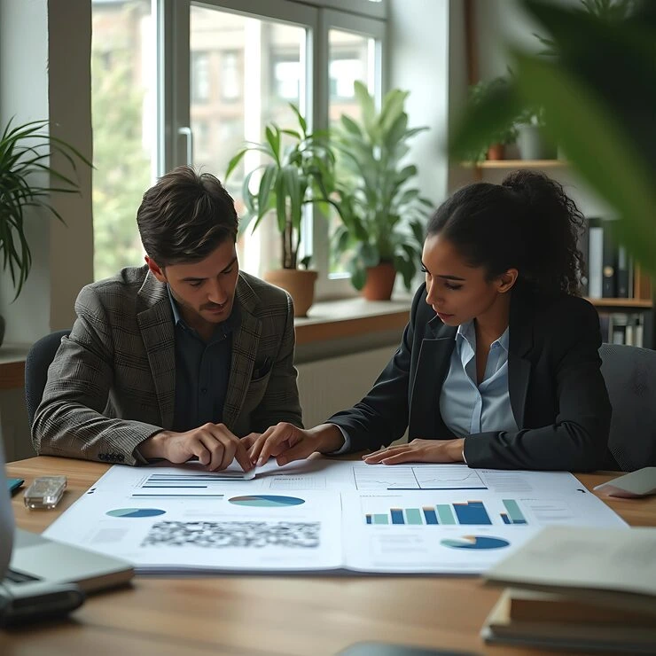 Trusted real estate advisor reviewing market research data and property shortlisting for investment file